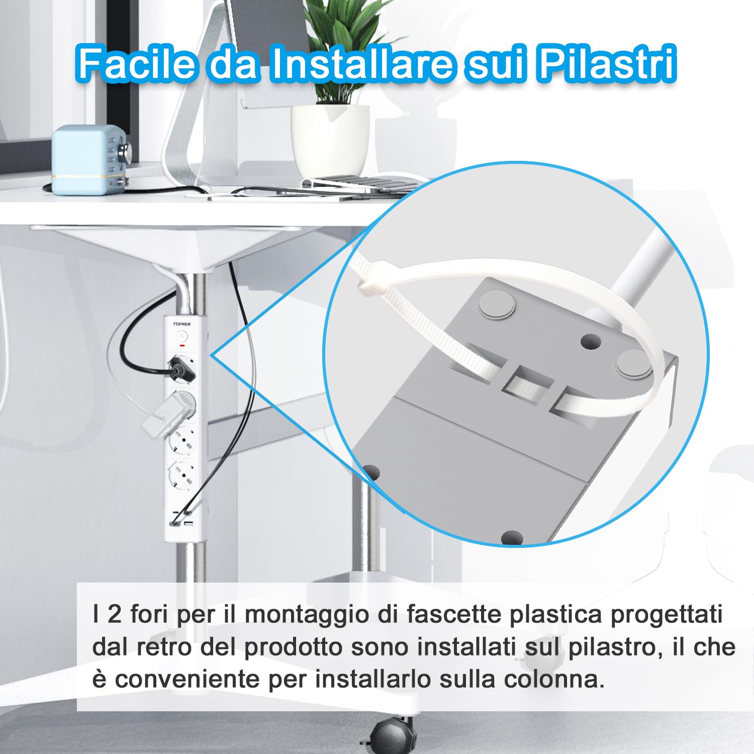 TOPREK Regleta Eléctrica con 4 Tomas Universales ITA 10/16A y Schuko y 2 USB C y 2 USB A, Enchufe Italiano 4000W/16A, Regleta con Interruptor, Cable de 2M (Equipada con 2 Abrazaderas de Plástico)