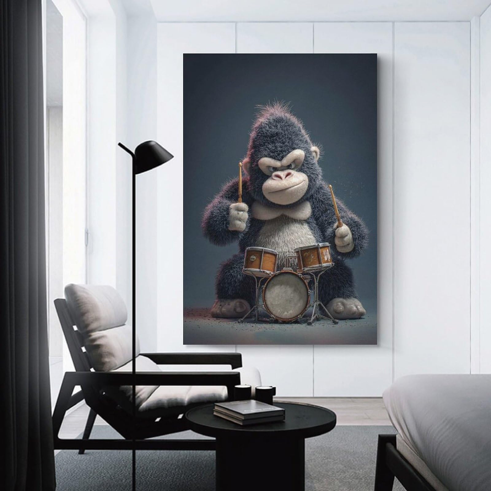 Junmoney Cartoon Gorilla Playing Drums Canvas Wall Decor, 12x18inch(30x45cm), for Office, Study Or Home Workspace, Wall Art That Adds Style to Work Areas