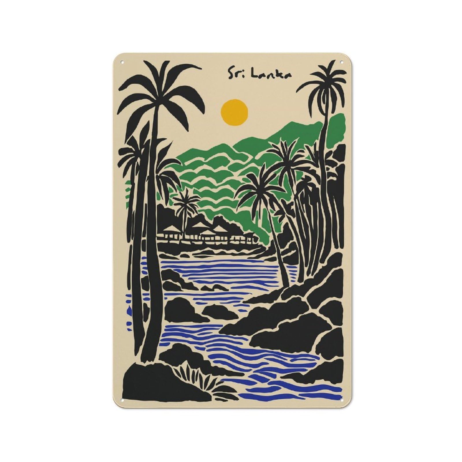 Junmoney Style-9 Sri Lanka Tropical Landscape Illustration Retro Metal Wall Sign 30X20cm For Living Room Or Hallway, For Collectors Decorating Living Rooms And Hallways