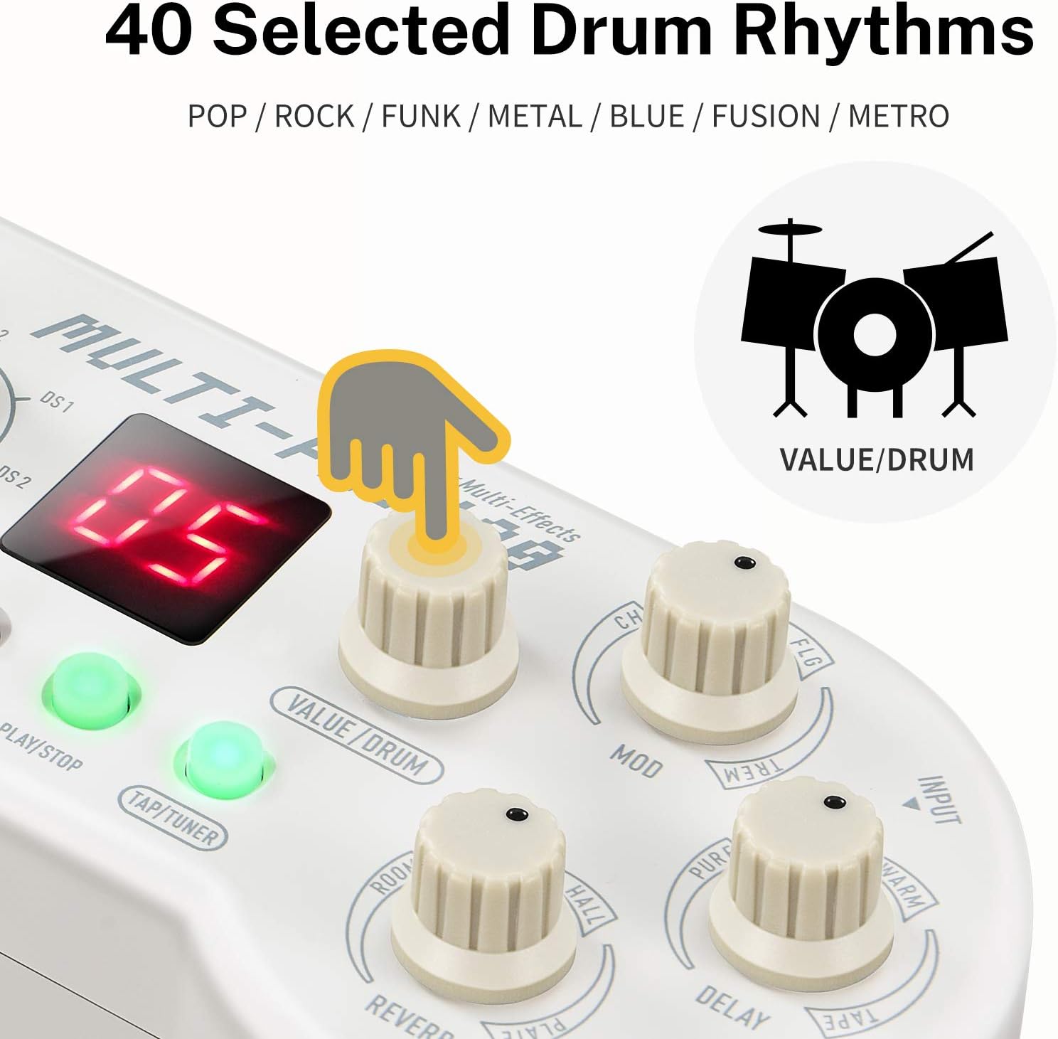 VALUE/DRUM баскычын жана барабан ритмин көрсөткөн "05" менен санарип дисплейди көрсөткөн сүрөт