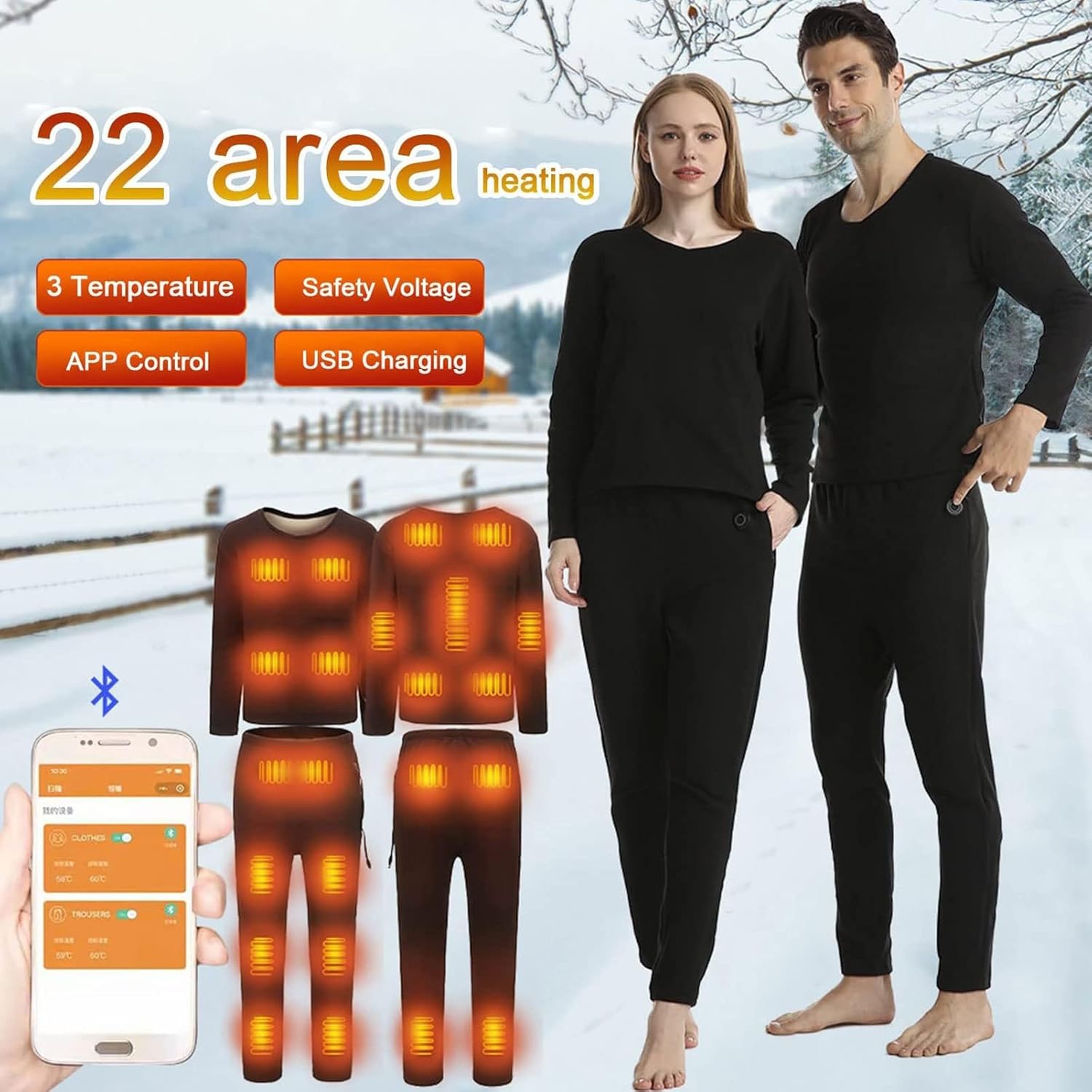 Heated Thermal Underwear Set, Women Men USB Electric Heated Thermal Long Sleeve T Shirts