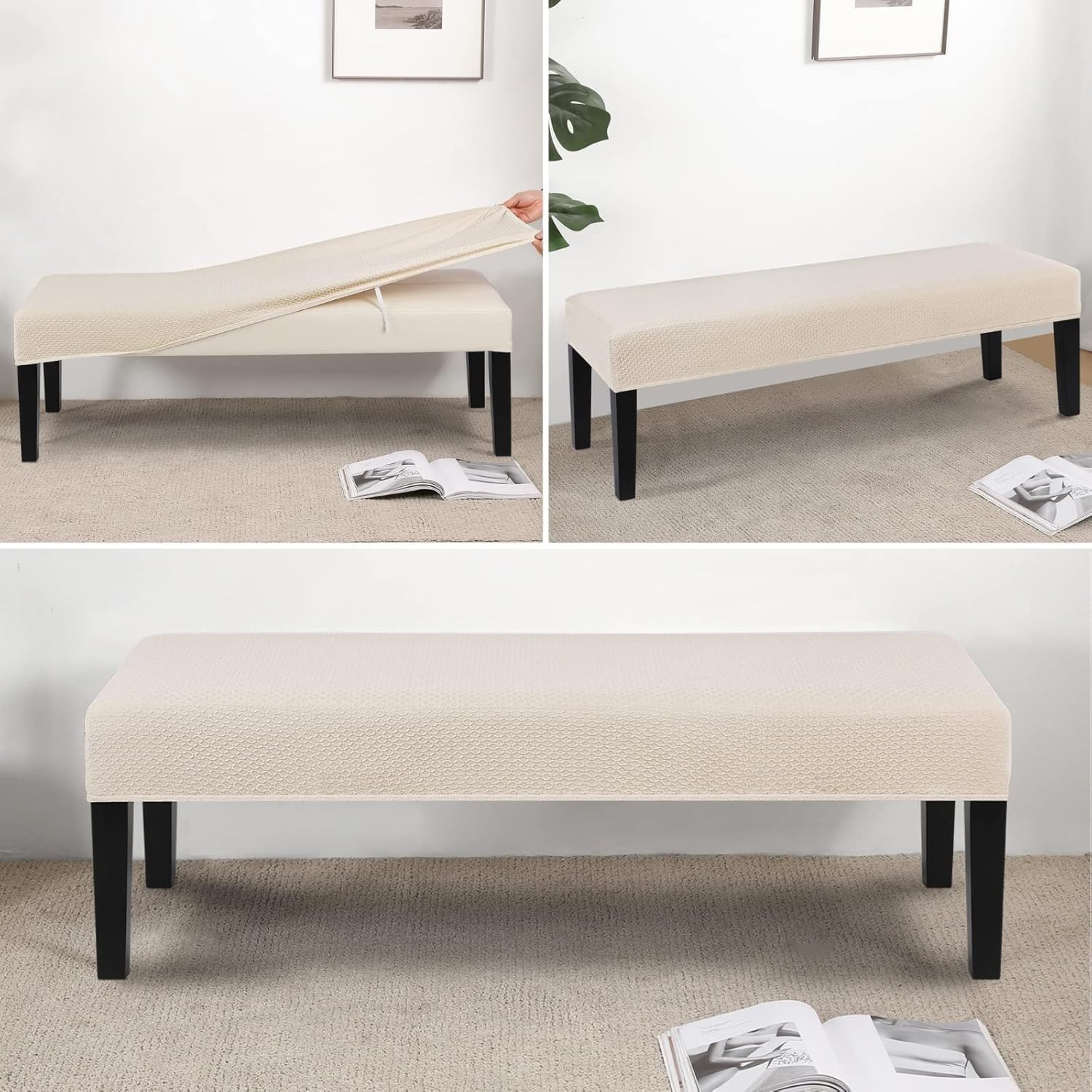 Stretch Dining Bench Cover Extra-Long Waterproof Dining Room Bench Covers Jacquard Slipcover with Elastic Bottom Piano Seat Protector Cover for bedrooms, Living Rooms(Purple,63"-71")
