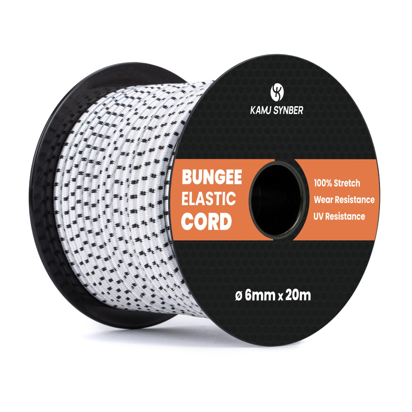 Kamu Synber Bungee Cord 6mm x 20m Elastic Shock Cord Bungee Rope for Tarpaulin Kayak, Tie Down, Camping, White/Black
