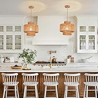 Vista 7 de Rattan Pendant Light Fixture Boho Hanging Light Woven Rattan Ceiling Light Adjustable Basket Light Fixture for Kitchen Island Hallway Bedroom