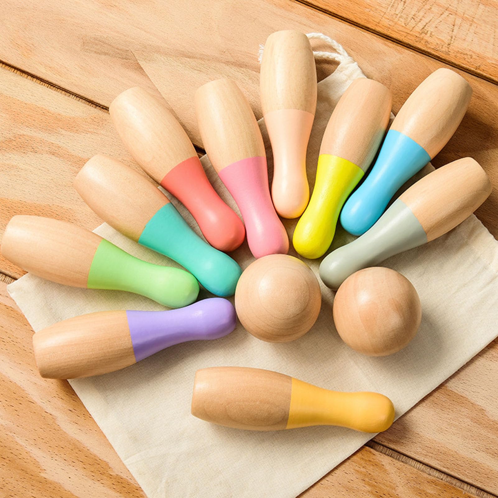 Holz-Kinder-Bowling-Set, Indoor- und Outdoor-Kegelspiel mit bunten Pins und Bällen