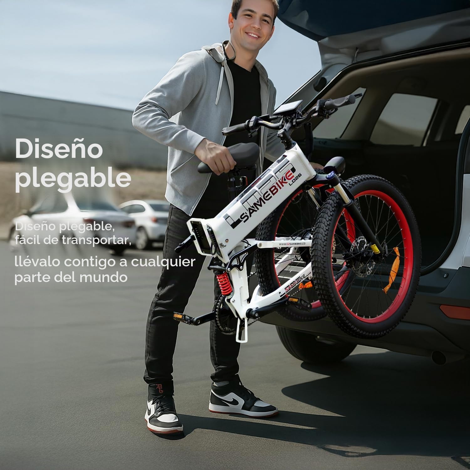 SAMEBIKE 20 * 3.0 Fat Tire Bicicleta Eléctrica de Montaña Adulto Batería Extraíble 48V14AH Bicicletas Eléctricas Plegables de 26 Pulgadas con Pantalla LCD de Velocidad Ebikes (LO26-II, Negro)