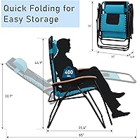 Vista 3 de PHI VILLA Juego de 2 sillas acolchadas XXL de gravedad cero, reclinables plegables para patio, asiento antigravedad de 30 pulgadas de ancho