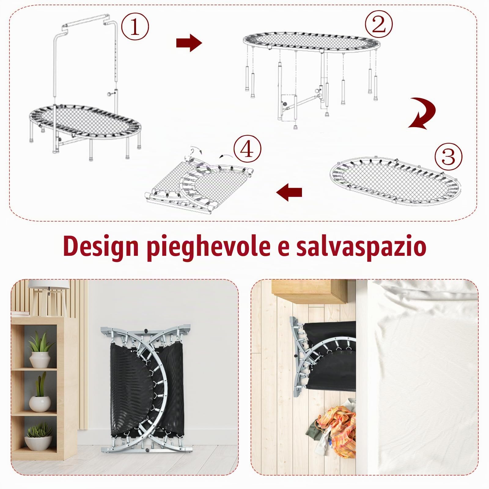 KOMFOTTEU Trampolino doppio per bambini, 154 x 90 cm (L x L), Trampolino per fitness pieghevole, maniglia regolabile, rimbalzo ovale per bambini e adulti, portata massima di 150 kg