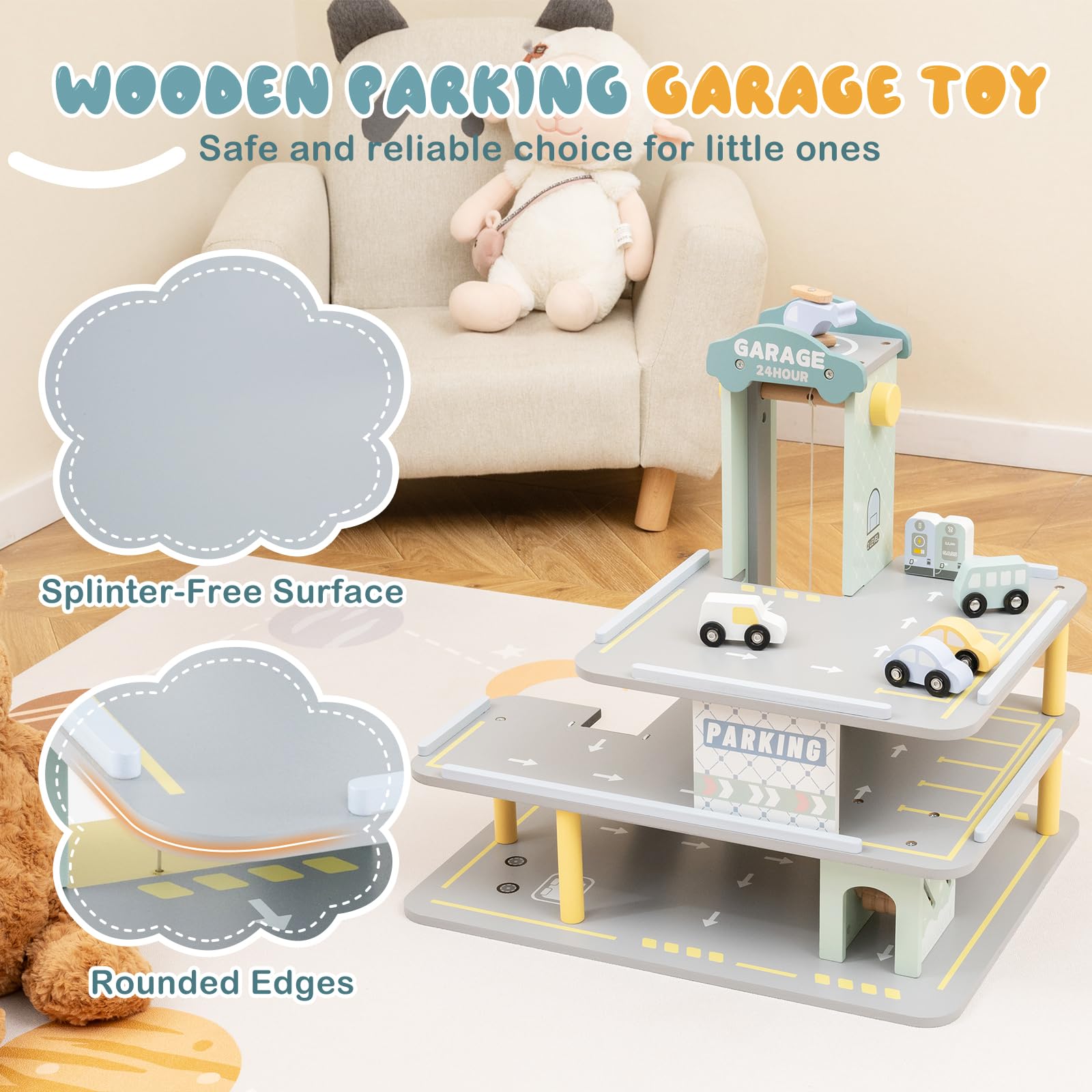 HOMASIS Set di garage a 3 piani, parcheggio in legno con 4 auto, eliporto, stazione di servizio, ascensore, lavaggio auto, garage giocattoli di ruolo per bambini dai 3 anni in su, 50 x 40 x 47 cm,