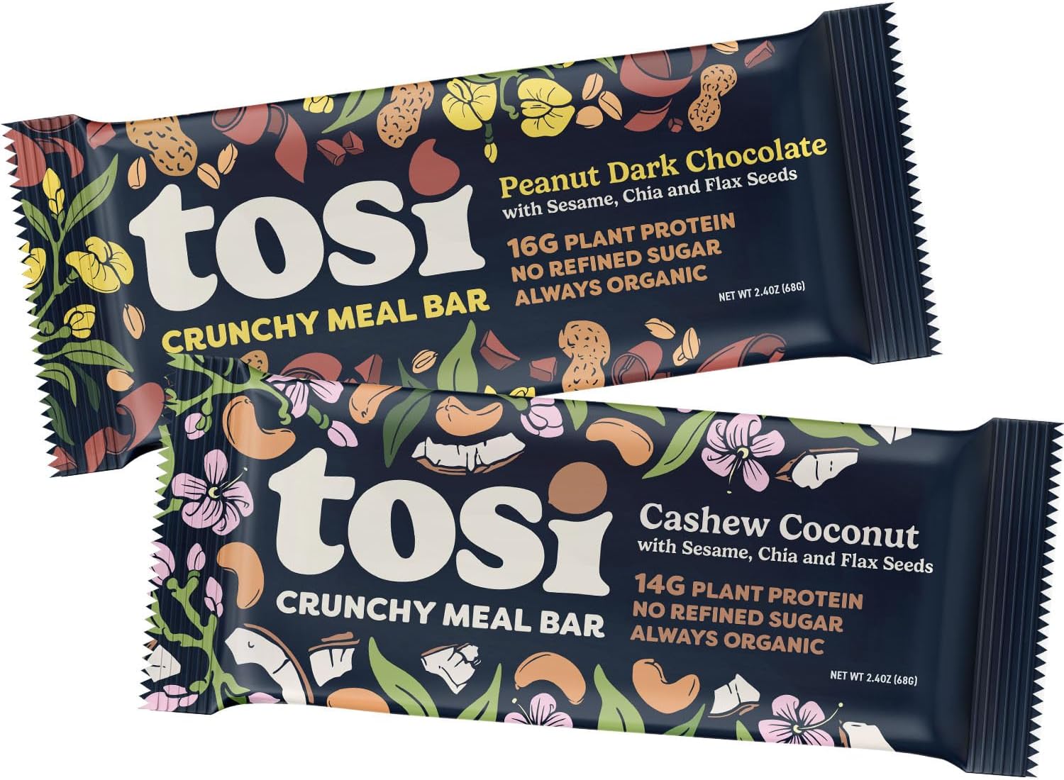 Tosi Cashew Coconut and Dark Chocolate Peanut Butter Protein Bars Combo, Plant Based with Nuts, Gluten-Free Crunchy Snacks, Vegan, Organic, Flax & Chia Seeds, Soy-Free, Omega 3s, 14G/20G Protein, 2.4 oz, 12-Pack