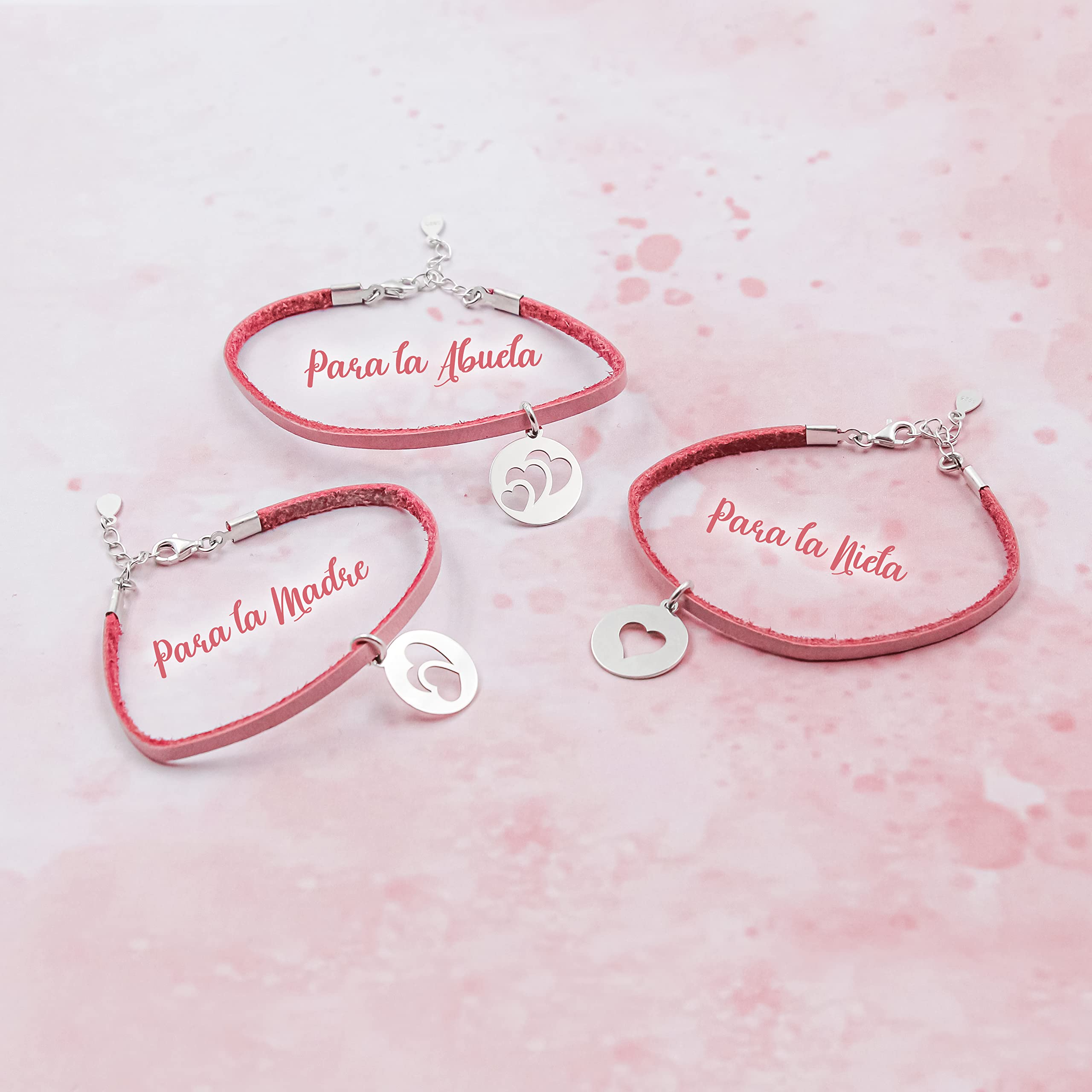 Pulseras de 3 Generaciones con Medalla Corazón Plata de Ley - Regalo Original para Abuela Madre Hija Nieta Mujeres Niñas - Juego de Pulseras Promesa Familia Amistad