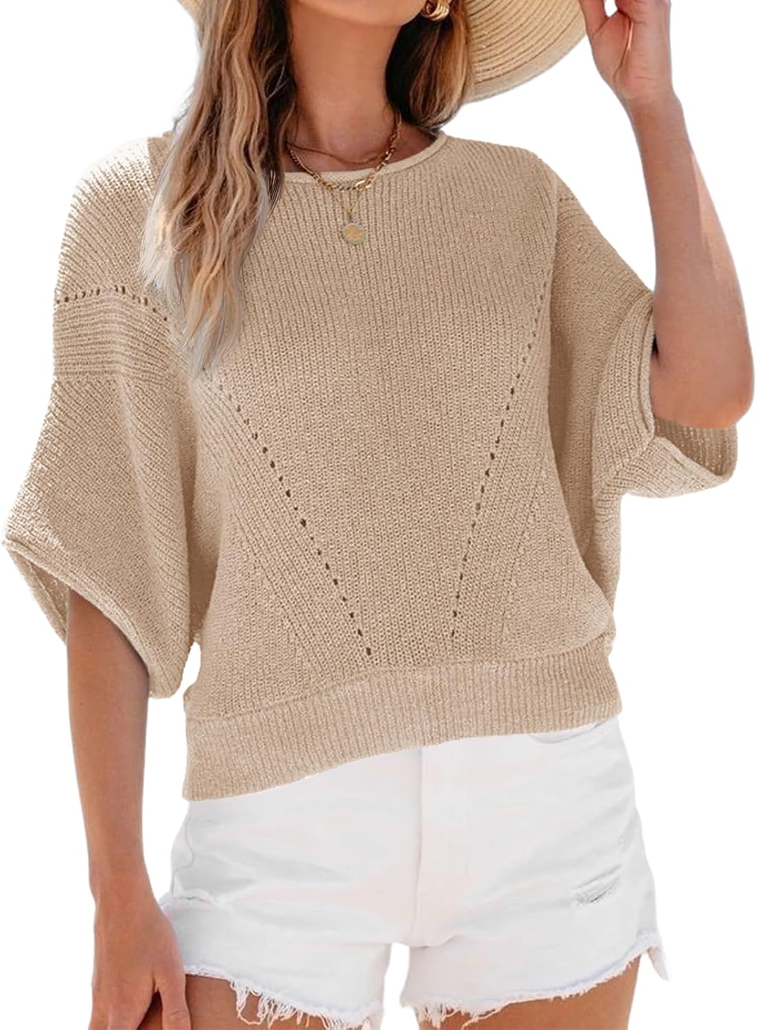 Saodimallsu Womens Short Batwing Sleeve Sweater Tops Crochet Knit Crew Neck Loose Casual Summer Pullover T-Shirts