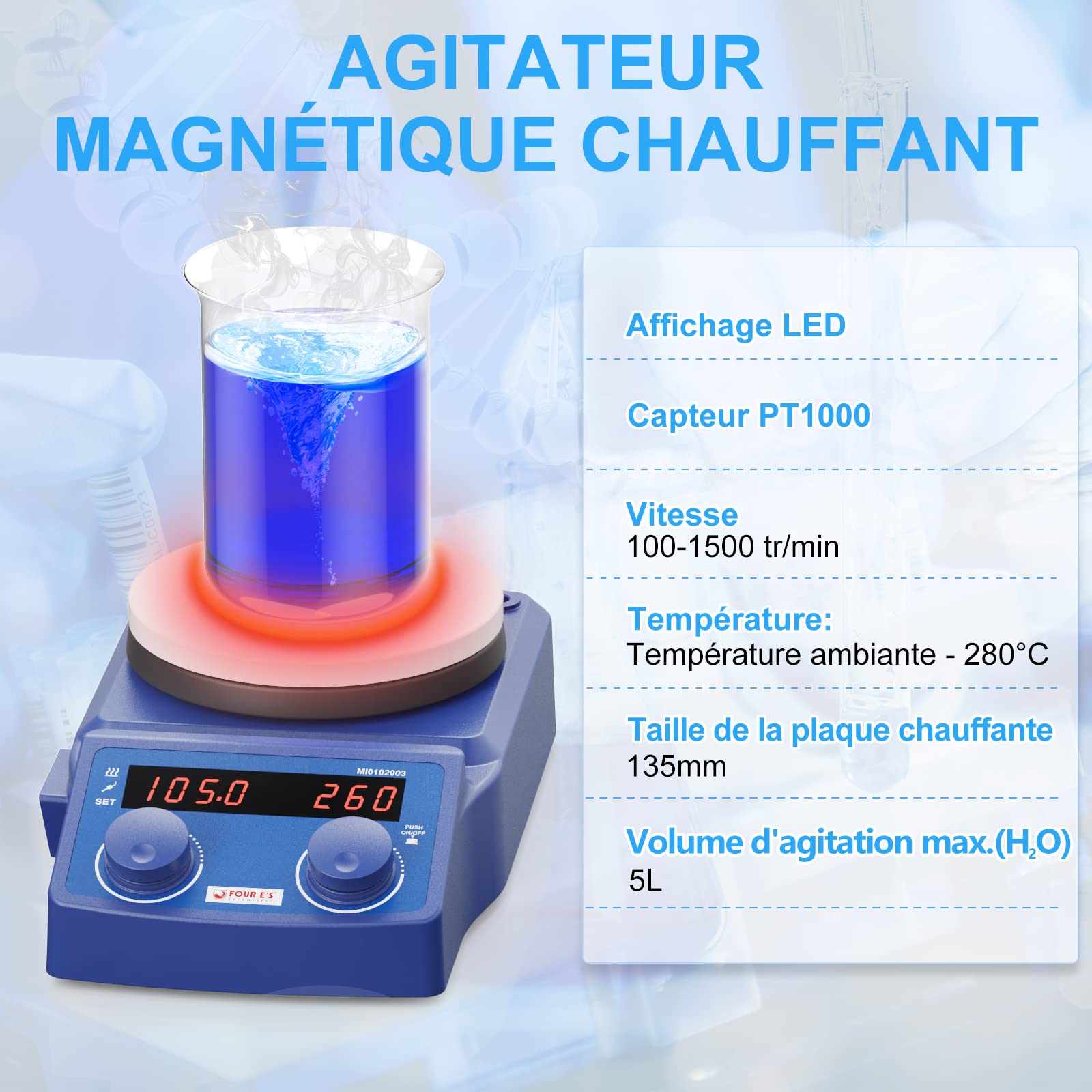 Agitateur Magnétique Chauffant Digital 1500rpm 280°C 5L Agitateur Magnétique à Plaque Chauffante 135mm Numérique Mélangeur Magnétique de Laboratoire avec écran LED