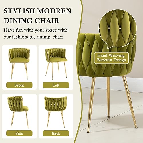 Miniatura 4 de NIOIIKIT Sillas de comedor modernas de terciopelo que tejen a mano, sillas de sala de estar, sillas laterales tapizadas con patas de metal dorado