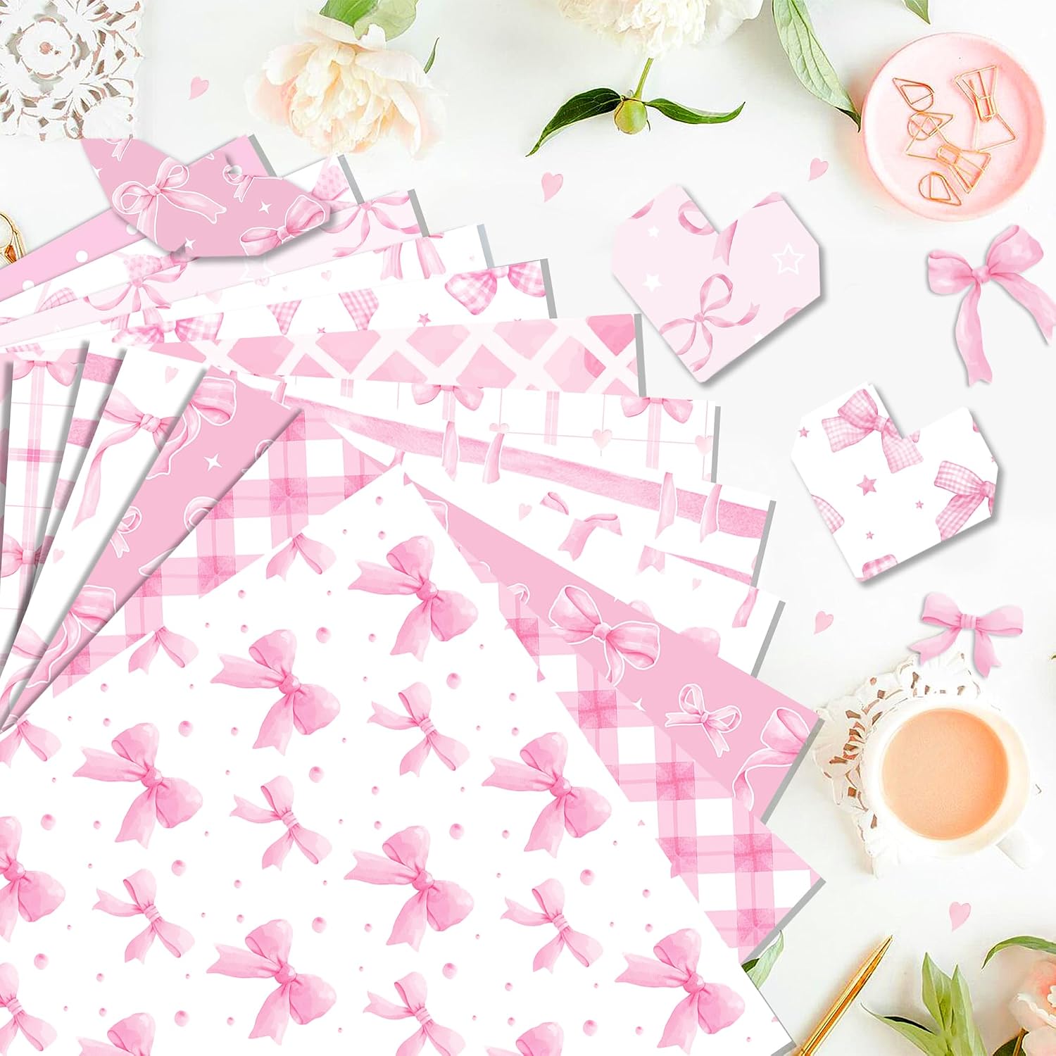 24 Sheets Pink Bow Scrapbook Paper 12x 12 inches Bows Pattern Pad Pink Bow Double-Sided Scrapbook Paper for Scrapbooking Background Card Making Kit Floral Cardstock Origami DIY Card Craft