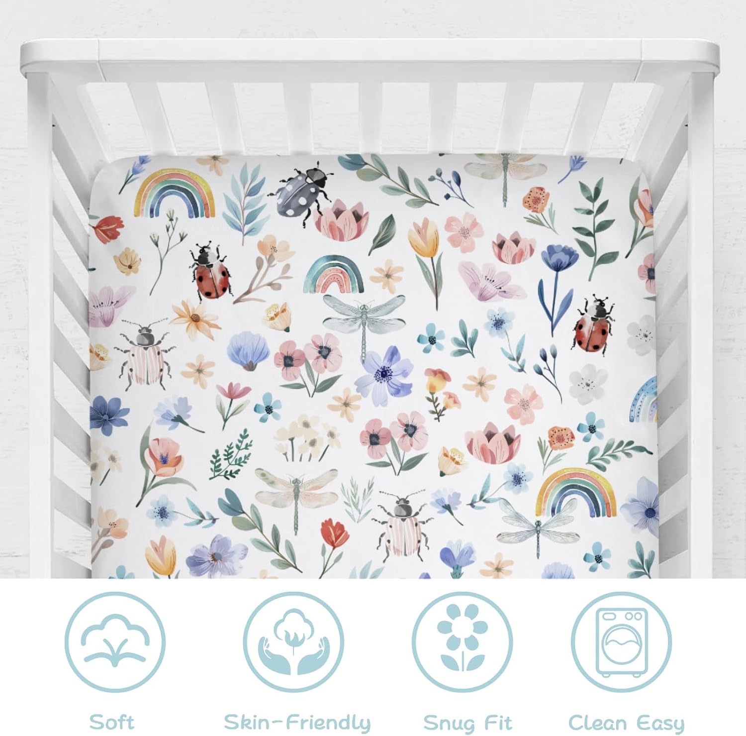 Spring Garden Flowers Rainbow Baby Crib Sheet 52''x28'' Watercolor Insects Floral Leaves Stretchy Fitted Crib Mattress Cover for Boy Girl Soft Nursery Bed Sheet for Standard Crib and Toddler Mattress