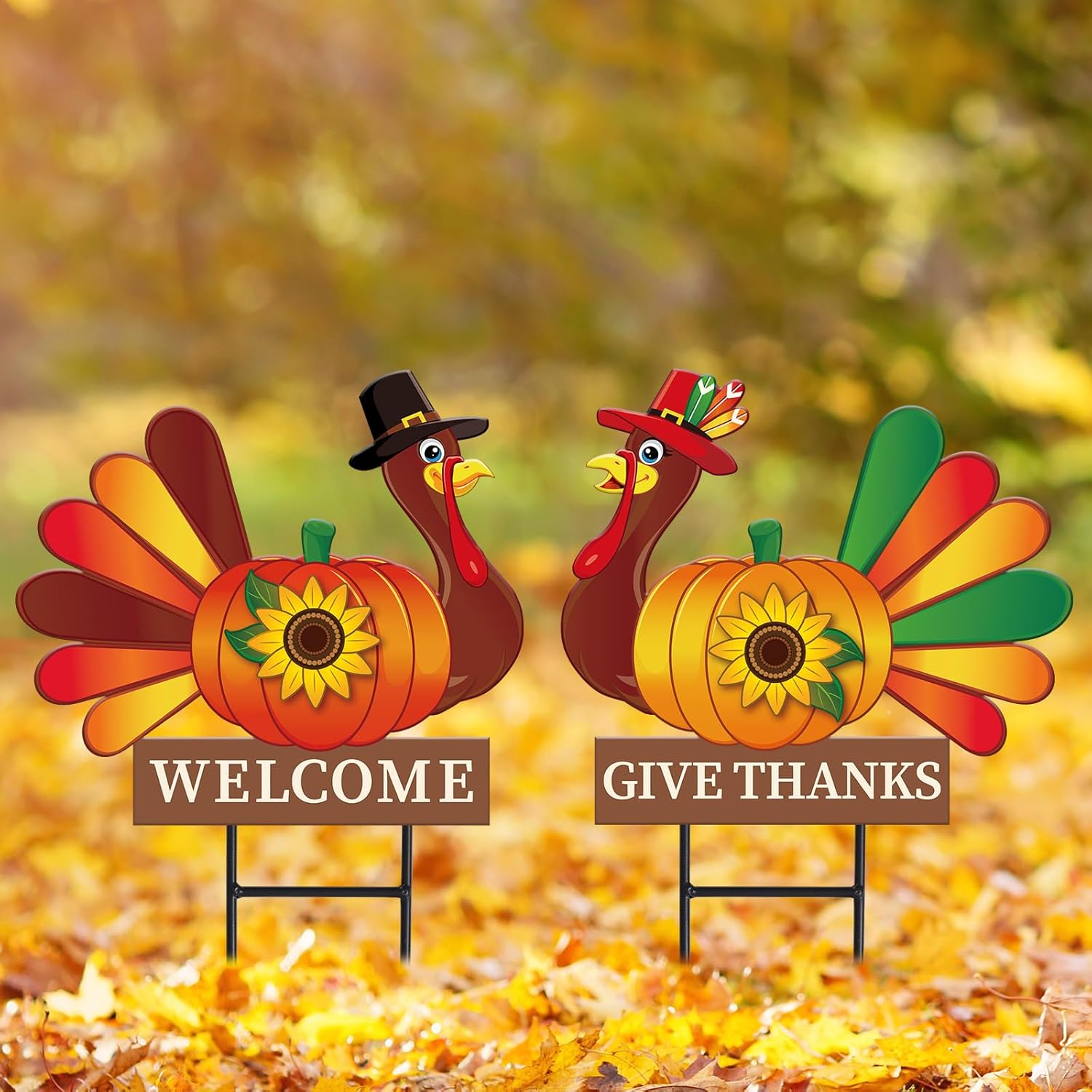 JarThenaAMCS 2 Pack Thanksgiving Metal Turkey Garden Stakes Decorations Fall Welcome Harvest Turkey Pumpkin Yard Sign for Autumn Thanksgiving Outdoor Lawn Patio Walkway Decor
