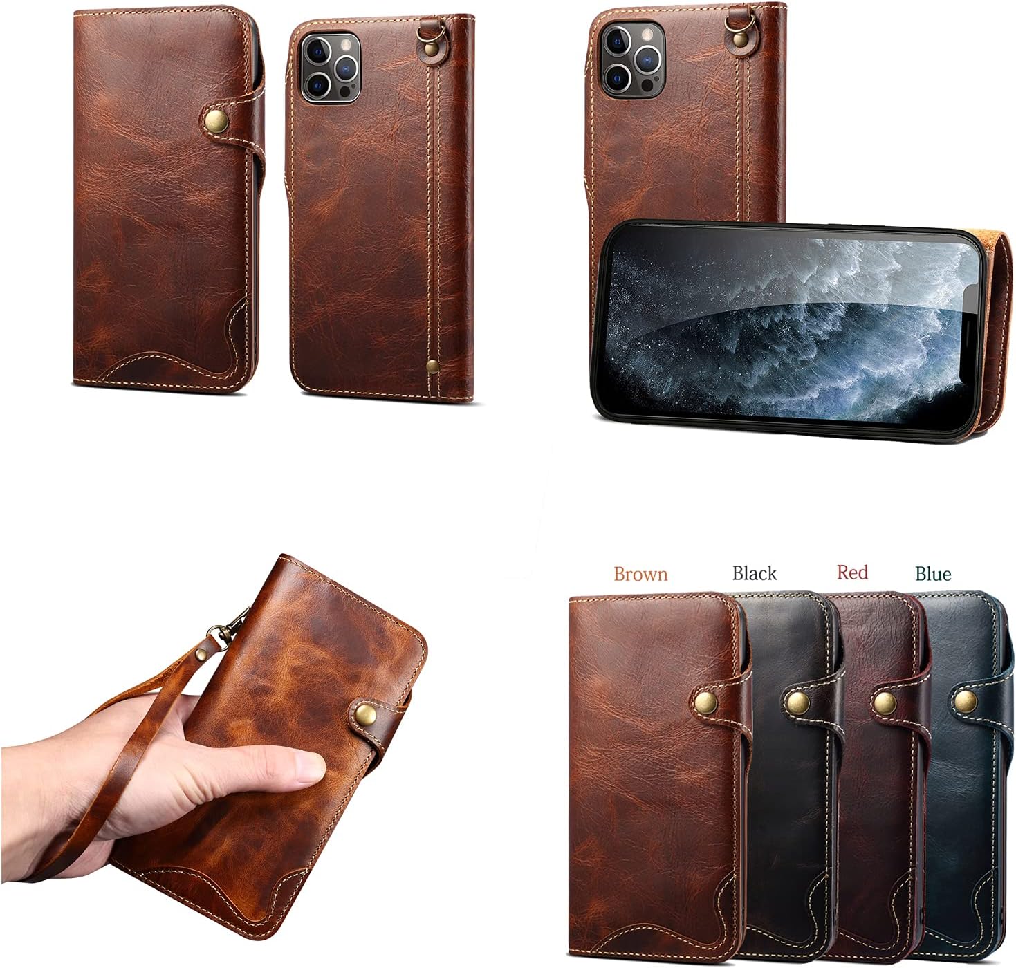 Genuine Leather Wallet Case for iPhone 13 Pro,Classic Oil Wax Pattern Real Leather Button Card Slot Flip Stand Case Cover with Lanyard Black