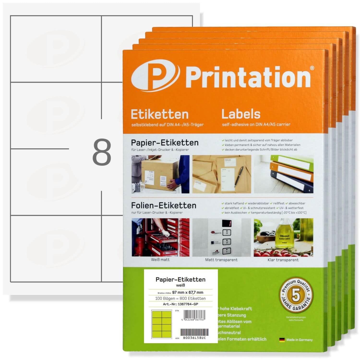 Printation Frankier Adress Etiketten 97 x 67,7 mm blanko weiß - 4000 Versandetiketten Adressetiketten selbstklebend 97x67,7 Aufkleber auf 500 DIN A4 Bogen 2x4 8 BigPack Adressaufkleber 3660 4782 4280