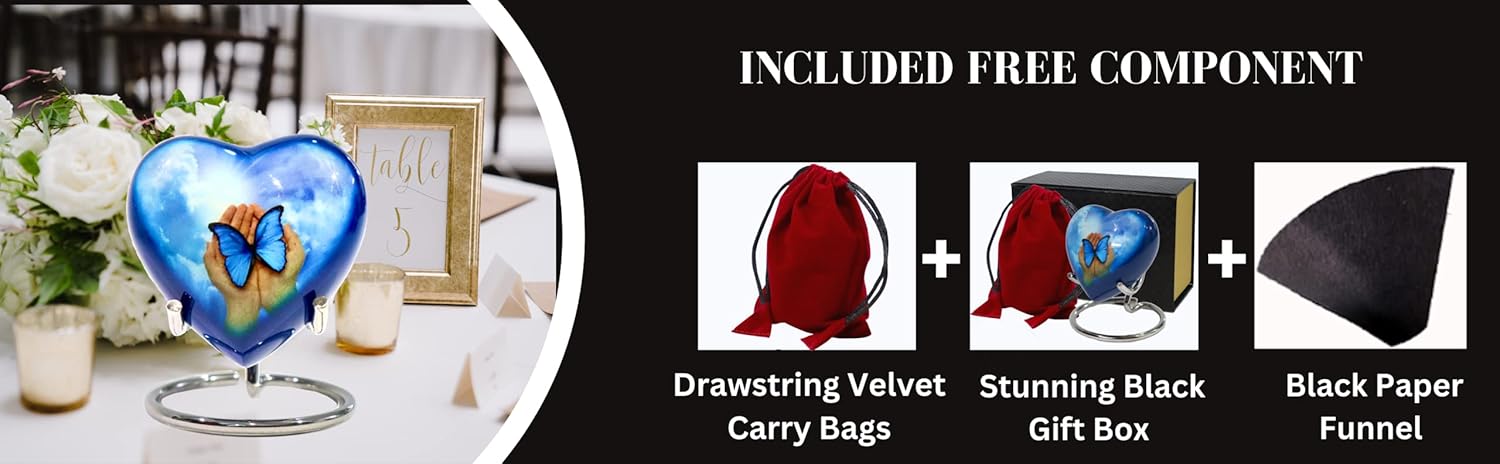 Blue Butterfly Small Love Heart Urn for Human Ashes Remains - Funeral Gift Set of Mini Heart Urn - Display Stand - Velvet Carry Bag - A Paper Funnel - Magnetic Closure Gift Box