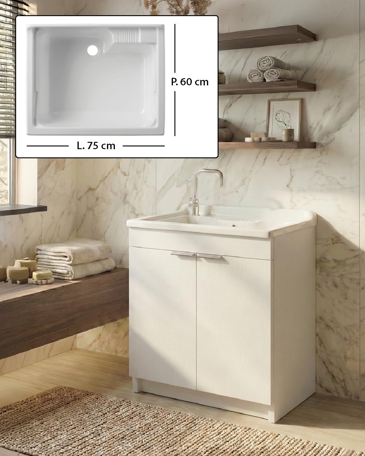 Delmar Mobile Lavatoio in Legno Nobilitato, Bianco, 75x60 cm Altezza 85 cm, Con Sportello Push e Lavabo Pila Pilozzo in Resina, Made in Italy, Già Montato per Bagno e Lavanderia