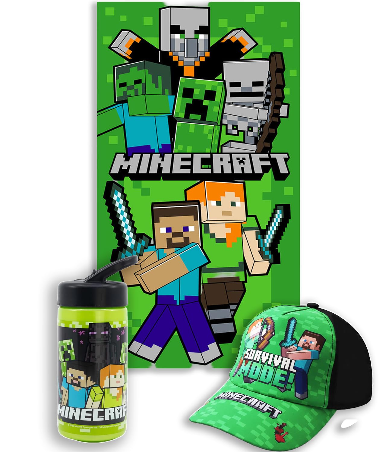MARUKATSU Minecraft Pack Playa Niño Completo Toalla 140x70 cm + Gorra Ajustable + Botella 410ml – Set Verano Infantil Microfibra Secado Rápido Piscina Gamer