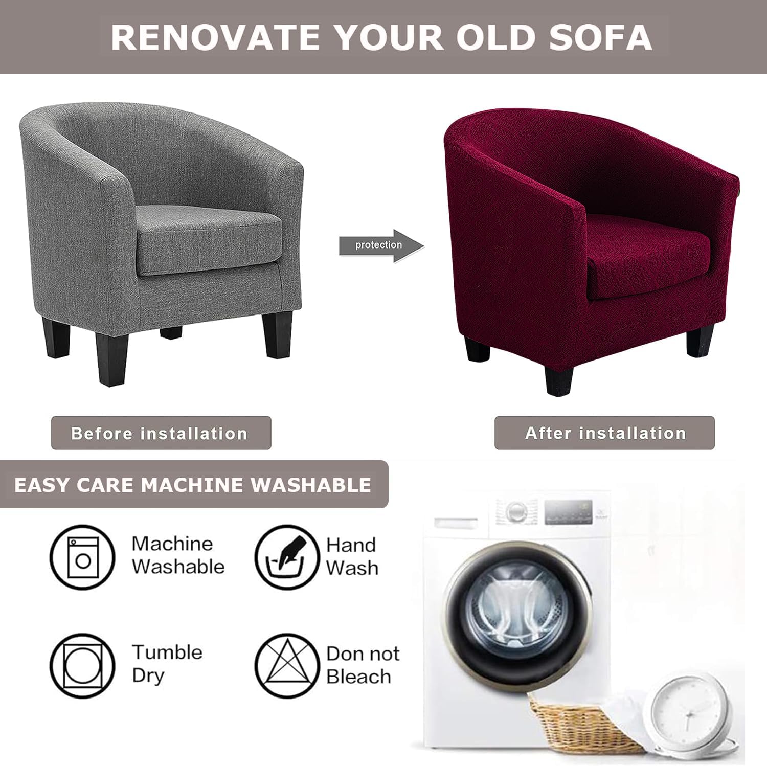Eco-Ancheng Chair Cover Club Chair Slipcover Stretch Tub Chair Covers Barrel Chair Covers Jacquard Armchair Covers Sofa Cover Removable Couch Furniture Protector Arm Chair Cover for Living Room,15