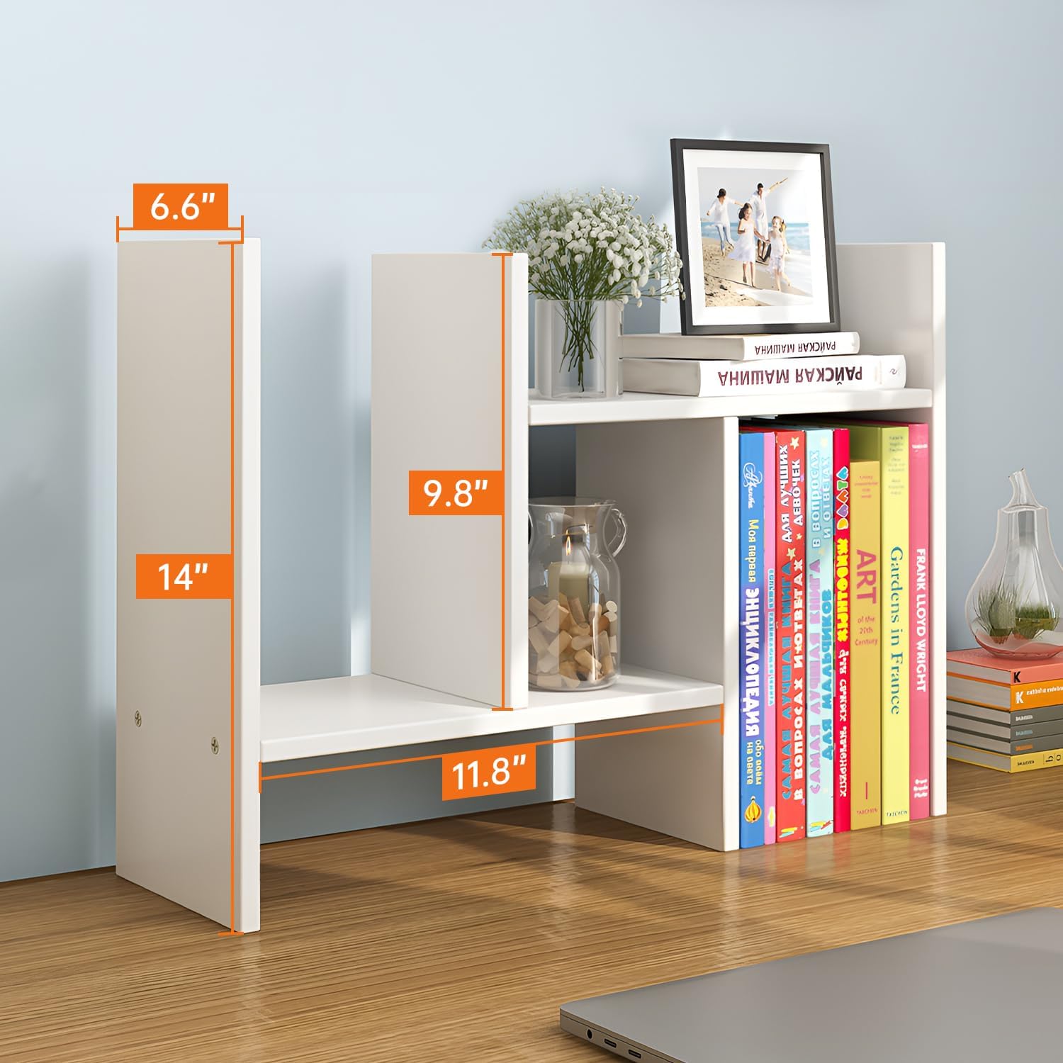 JLD Wood Adjustable 5-Shelf Desktop Bookshelf, Expandable Office Storage Rack, White