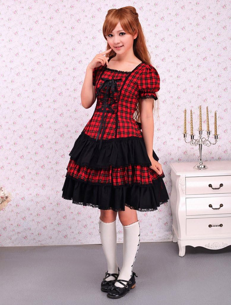 Hugme Cotton Short Sleeves Black and Red Shepherd Check School Lolita Dress