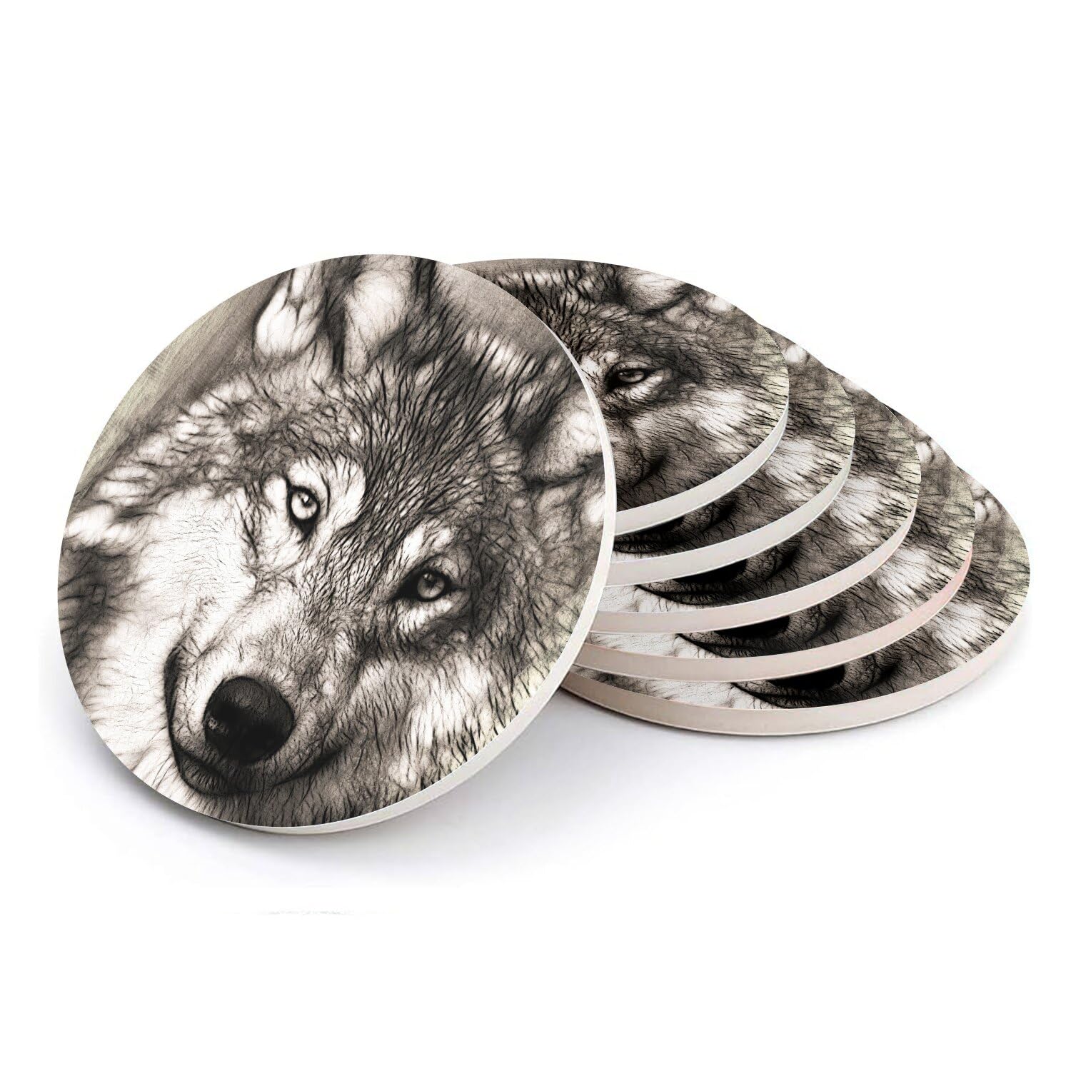 Sous-verre ronds en céramique au design loup noir et blanc art