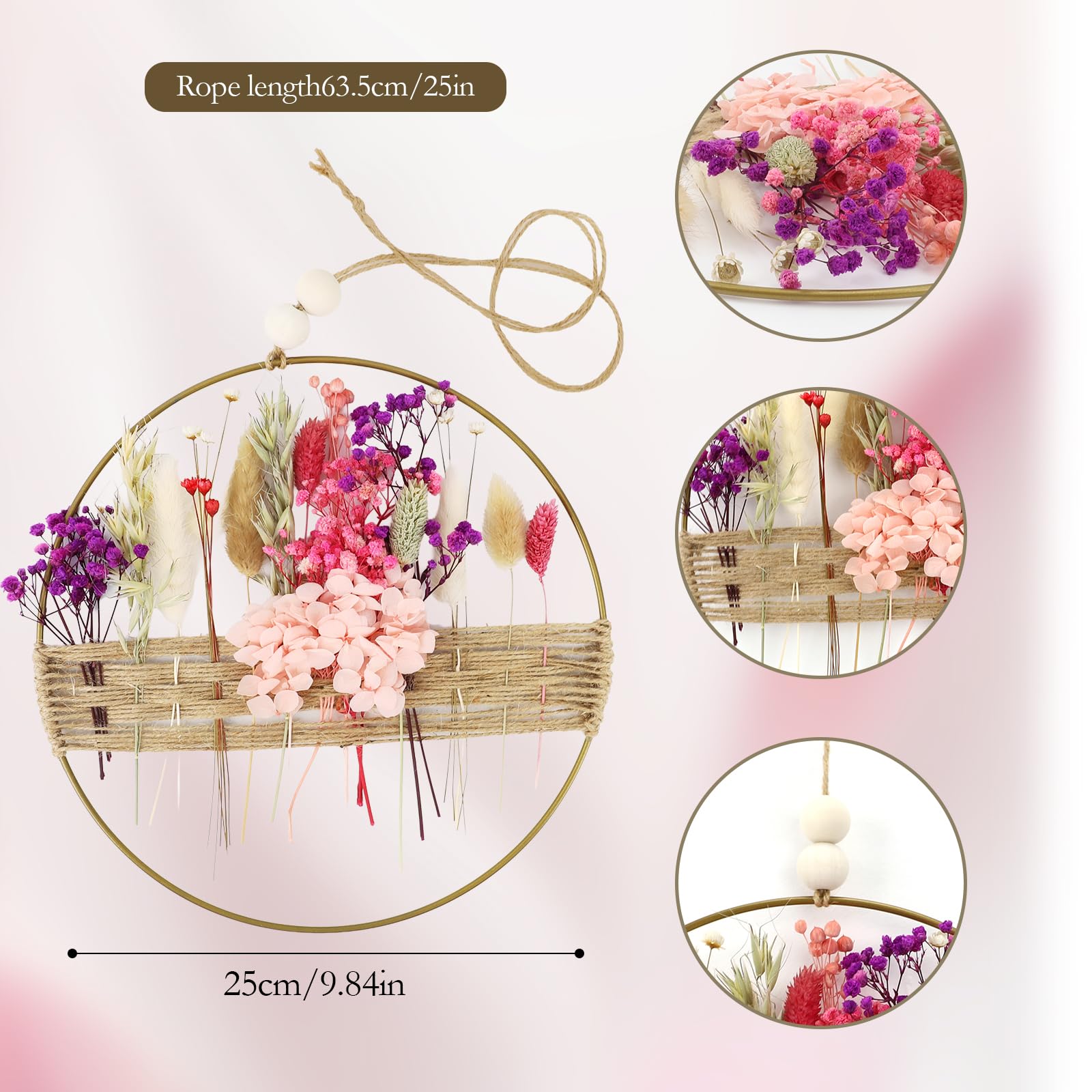 Ghirlanda di fiori secchi, 25 x 25 cm, decorazione fai da te naturale, ghirlanda di fiori secchi, ghirlanda primaverile estiva, decorazione per la casa, decorazione per la porta
