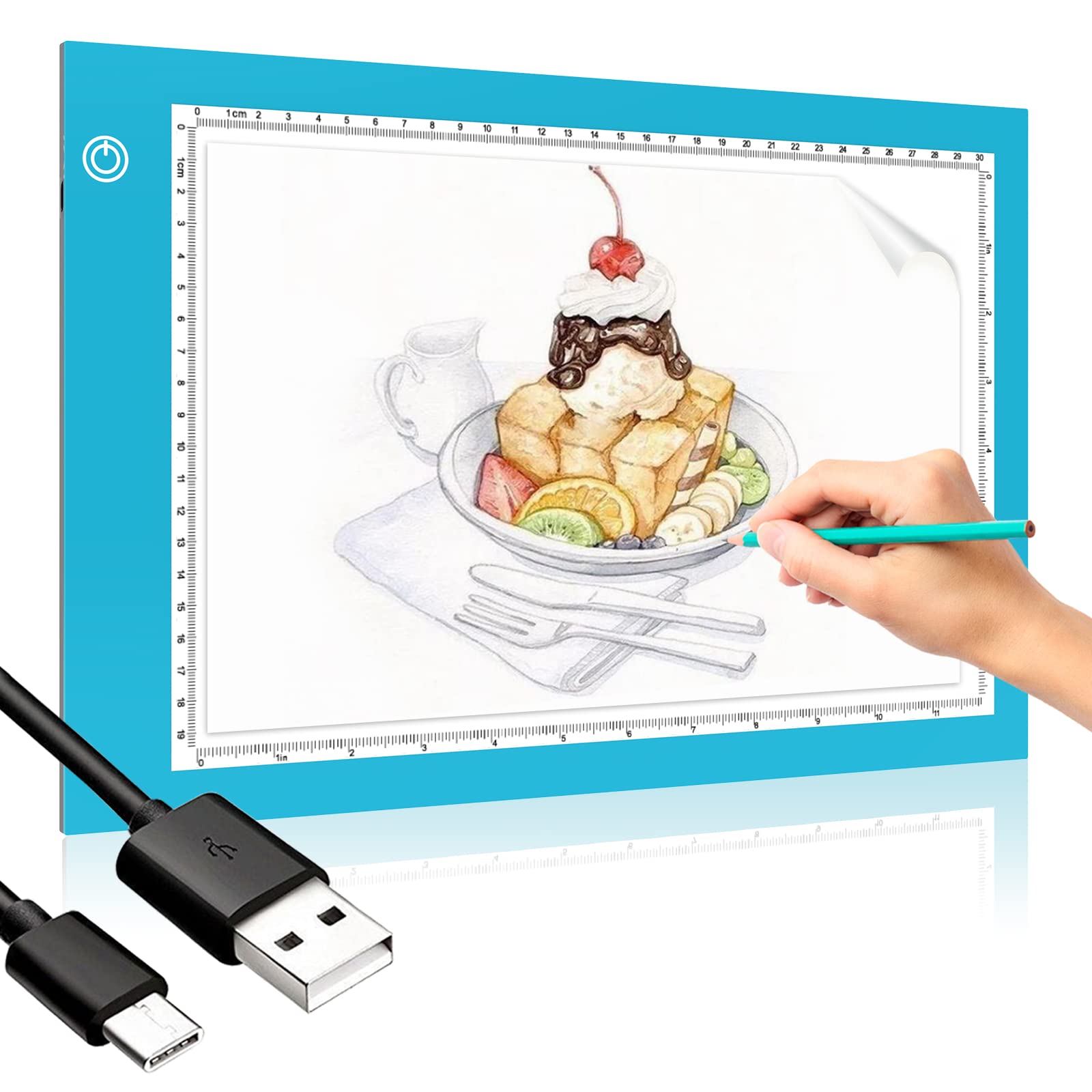 Light Box Drawing Pad, Tracing Board with Type-C Charge Cable and Brightness Adjustable for Artists, AnimationDrawing, Sketching, Animation, X-ray Viewing (A4-P-Blue-New)
