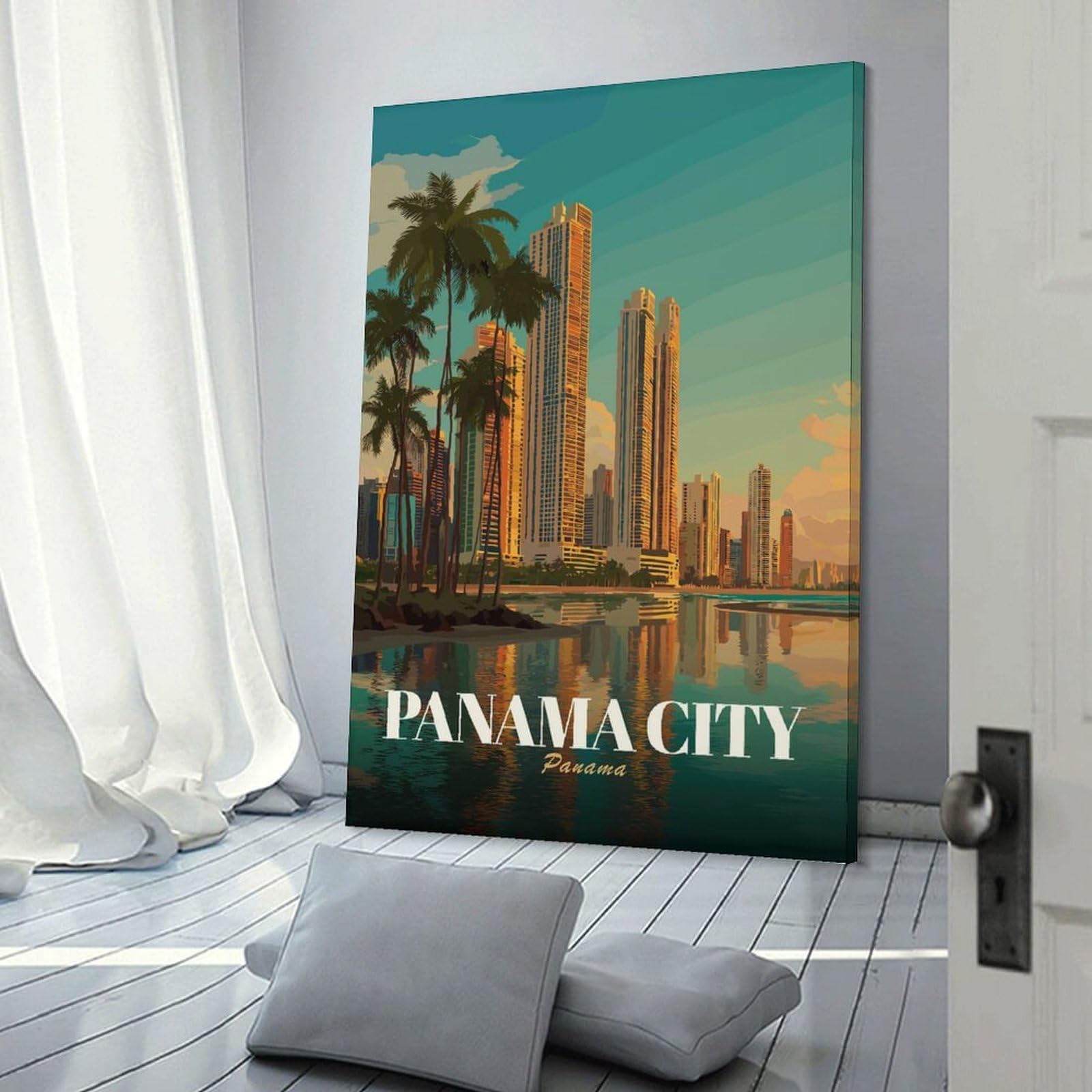 Junmoney Canvas Wall Decor Panama City Skyline Art, 24x36inch(60x90cm), for Living Room, Bedroom, Office Or Hallway, Stylish Home Artwork for Focal Walls