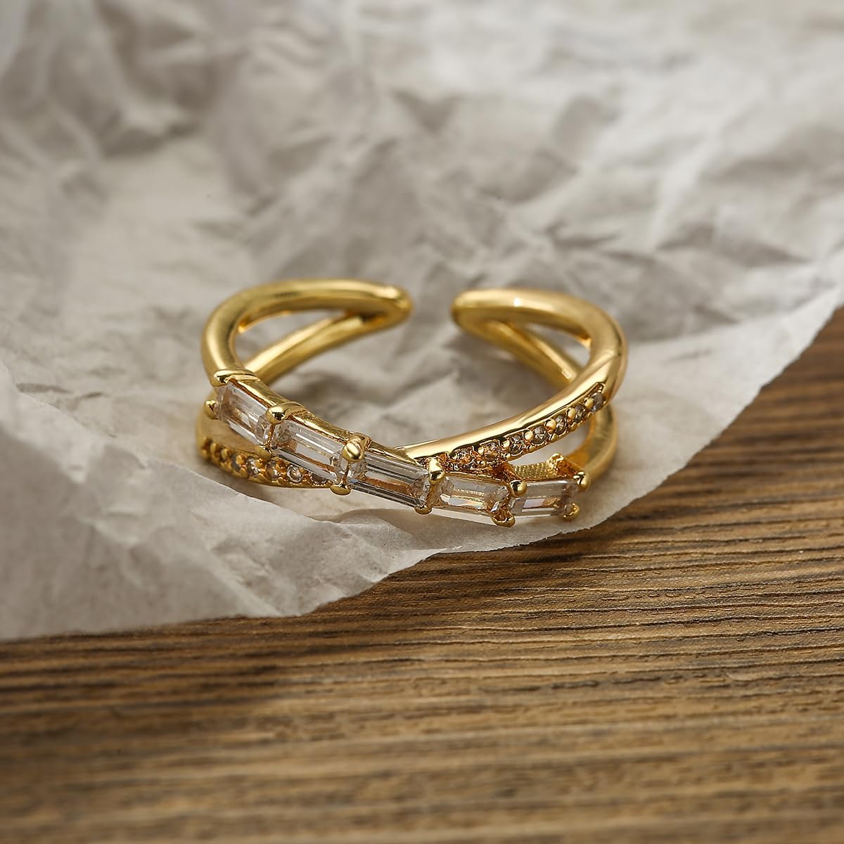 14K Gold Plated X Ring AAA CZ Criss Cross Ring for Women