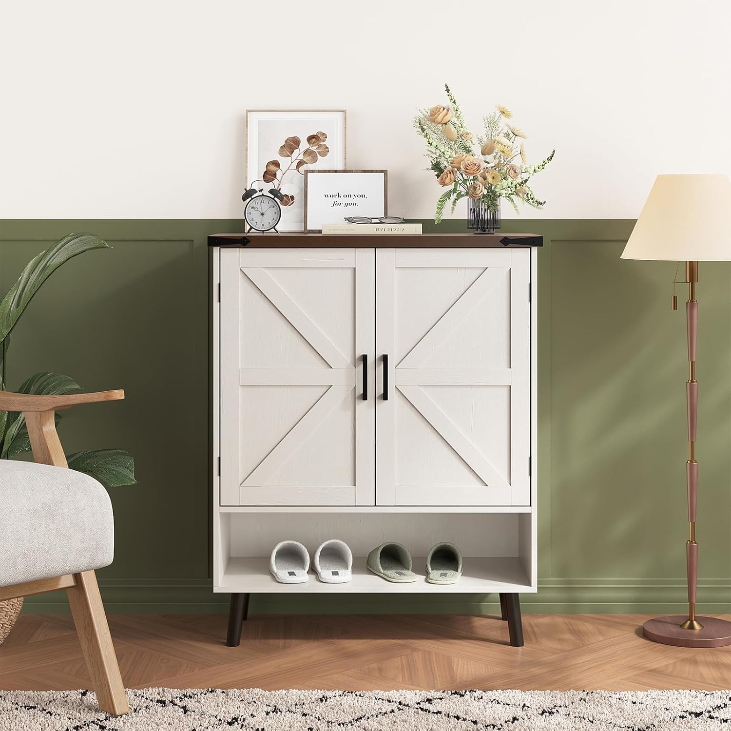 Vabches Farmhouse Shoe Storage Cabinet with Doors, 5 Tier Small Shoe Cabinet with Adjustable Shelves and Metal Legs, 34" Tall Shoe Rack Organizer for Entryway, Foyer, White