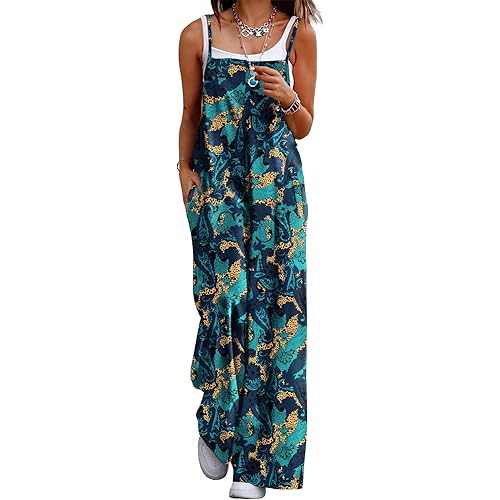 YESNO Women's Summer Boho Casual Jumpsuits Wide Leg Overalls Floral Print Baggy Rompers with Pockets PZZCR