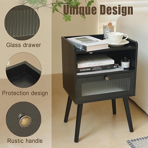 Miniatura 4 de AWASEN Mesita de noche negra con estación de carga, moderna mesita de noche con cajón decorativo de cristal, mesa auxiliar pequeña con espacio de