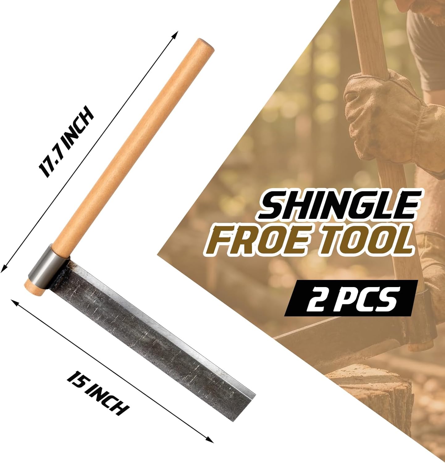 2 Pack Shingle Froe Tool and Kindling Axe for Splitting Firewood, 15in Forged Blade Shingle Froe with 17.7in Wooden Handle, Wood Splitting & Riving Tool for Shingles, Kindling, Bushcraft & Woodworking