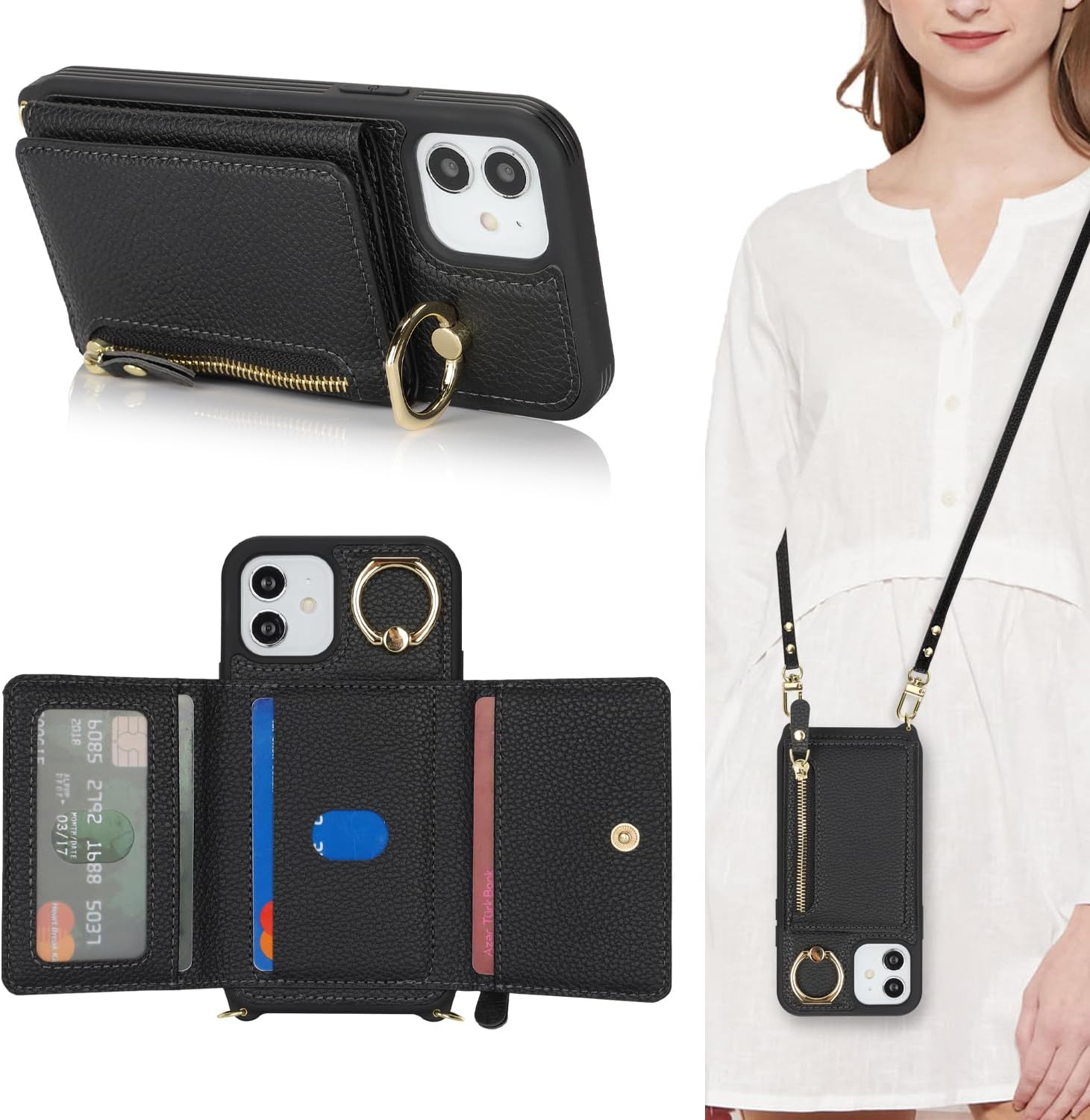 for iPhone 12 Mini Case with Card Holder,for iPhone 12 Mini Wallet Case for Women with Strap Crossbody Lanyard Stand Ring,PU Leather Zipper Pocket Phone Cover-Black