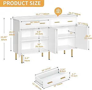 DWVO 55" Sideboard Buffet Cabinet with Storage, Modern Kitchen Storage Cabinet with Doors and Drawers for Hallway, Kitchen or Living Room, White/Gold