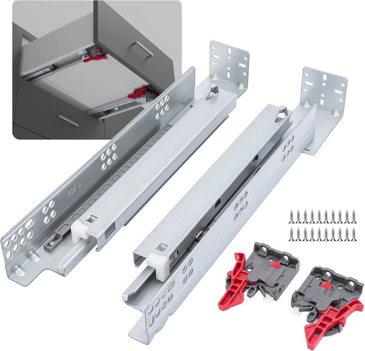 LONTAN 6 Pairs Undermount Soft Close Drawer Slides 21 Inch Hidden Bottom Mount Full Extension Cabinet Rails with Rear mounting Bracket and Locking Devices Concealed Drawer Runners 100lb Load Capacity