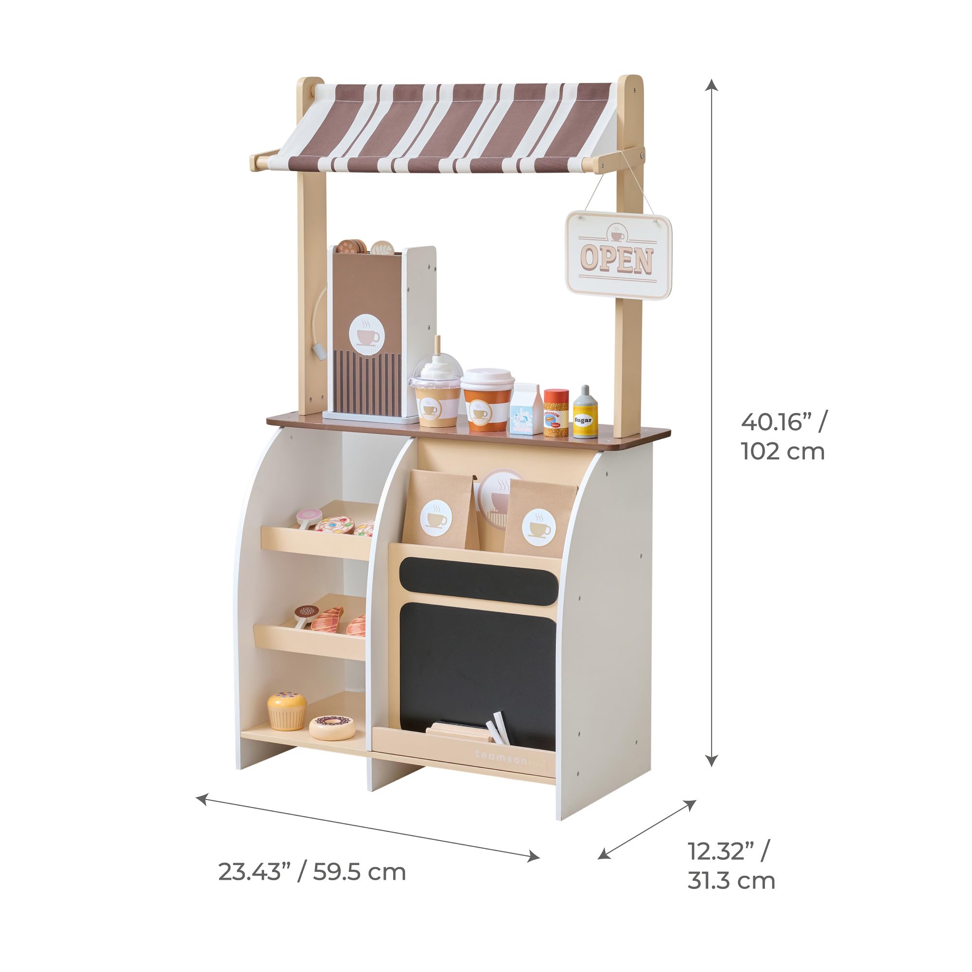 Teamson Kids Espresso Treats Holz-Kaffeestand mit Espressomaschine, Kreidetafel und 29 Zubehörteilen