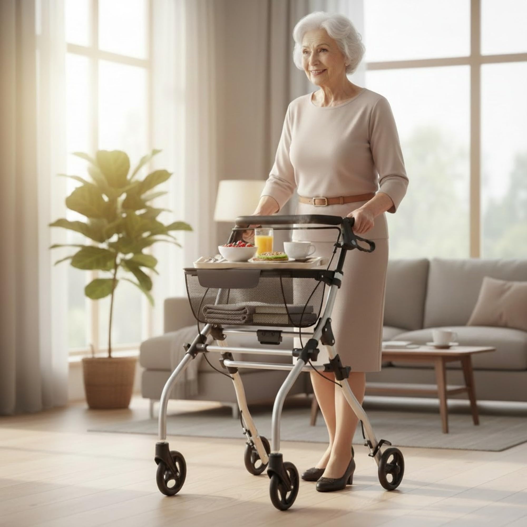 Weinberger Rollator schmal für Wohnung | 60 cm breit, faltbar, leicht, Tablett & Korb | Wendiger & höhenverstellbarer Indoor Wohnungsrollator klappbar | Gehhilfe, Laufhilfe für Senioren Schwarz/Silber