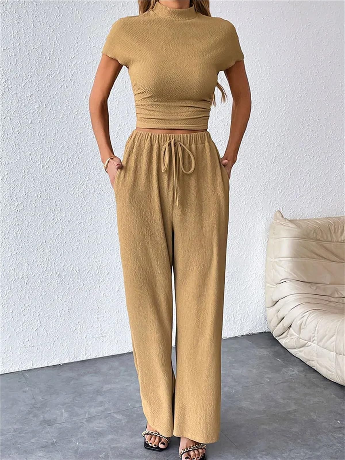 Completo Donna Elegante Pantaloni da donna in due pezzi, maglietta a maniche corte, pantaloni con lacci, casual, aderenti, elastico in vita(M)