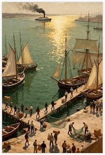 Maritime Oil Painting Busy Harbor with Sailboats & Steamship Unframe 24x36inch