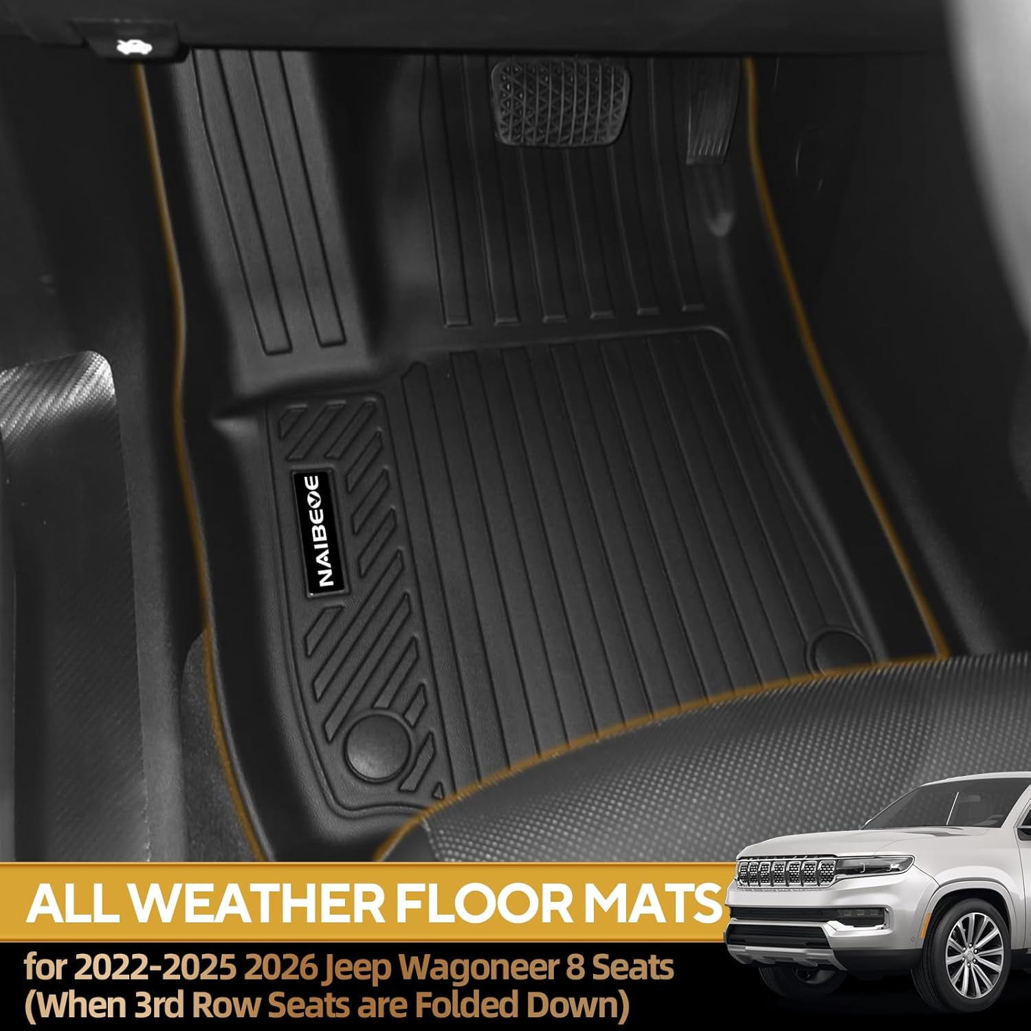 Naibeve Floor Mats for 2022-2025 2026 Jeep Wagoneer 8 Seats-All Weather for Jeep Wagoneer Floor Mats Cargo Liner Behind 2nd Row Waterproof Interior Accessories(When 3rd Row Seats are Folded Down) 33)Wagoneer 8 Seats Forded|2022-2026