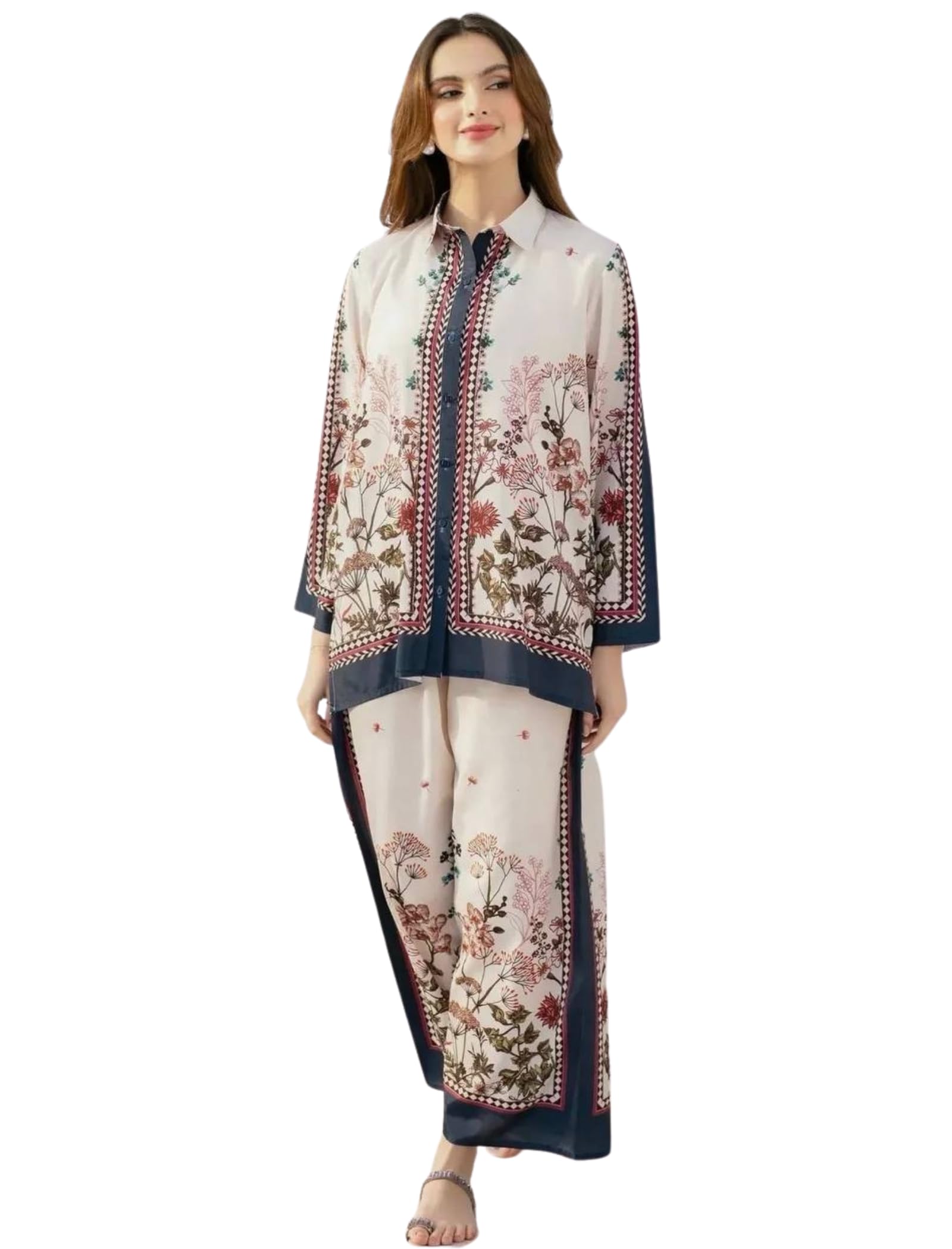 Cotton Poly Sleep Wear for Womens - Turkish Night Suit Set for Woman Stylish Mandarin Neck Floral Print Western Full Sleeves Sleeping Lounging for Woman, Night Suit & Stylish Pant-image-43