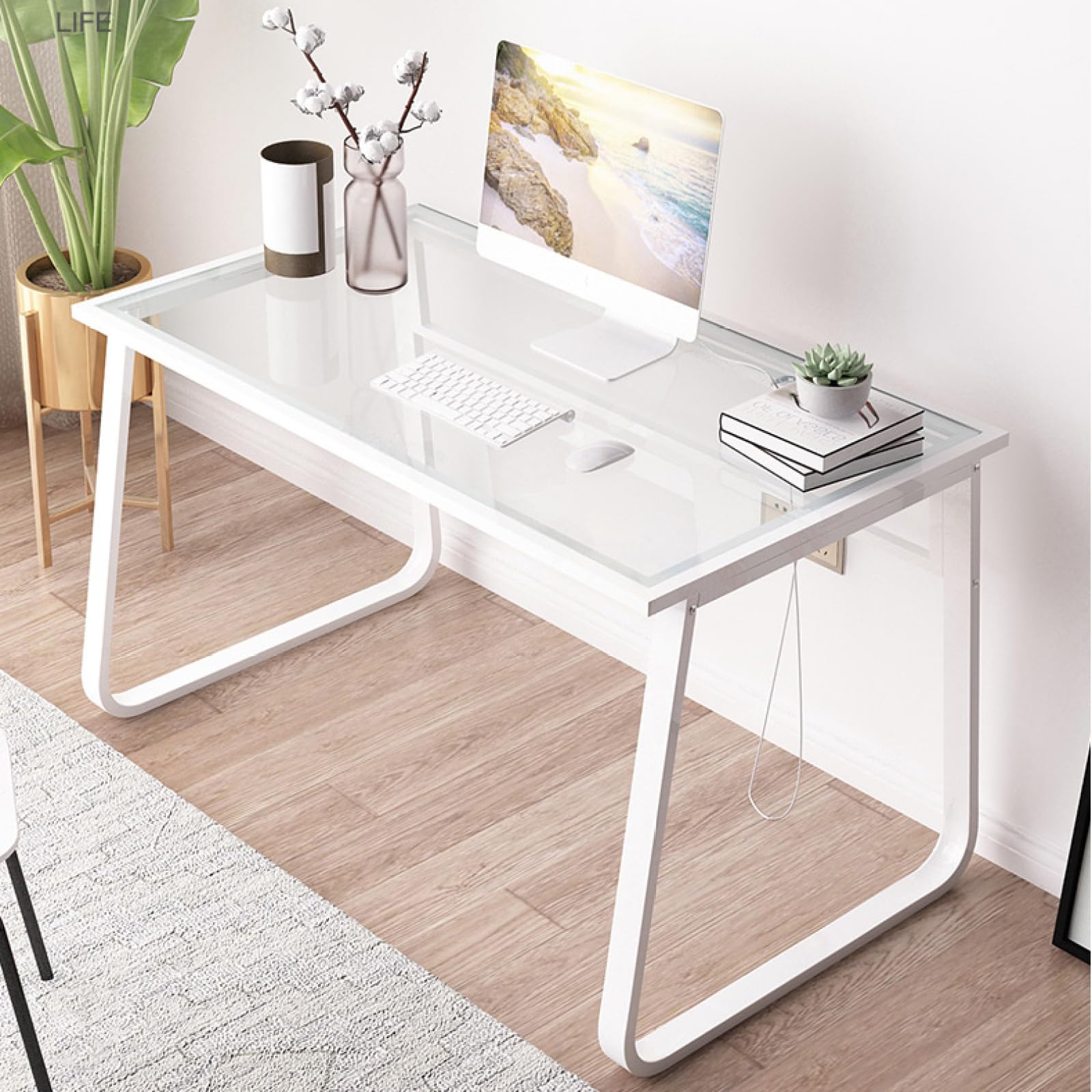 Escritorio Moderno de la Oficina en Casa, Escritorio de Cristal Templado Transparente Escritorio de Estudio para Estudiante Escritorio de Computadora Pequeño(120x70x72.5cm, White)