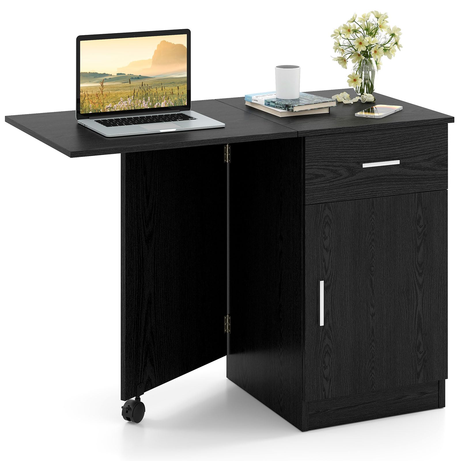 Tangkula Folding Computer Desk with Storage Drawer & Cabinet, Compact Home Office Desk with Adjustable Shelf, Space-Saving Foldable Side Table for