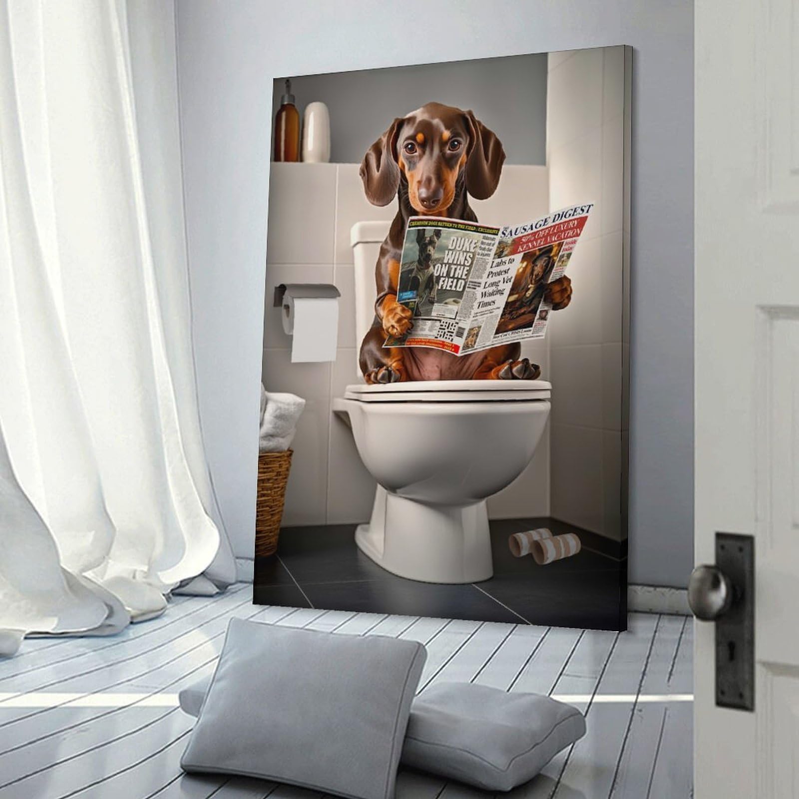 Junmoney Frame-Style-13 Wall Picture Print Dachshund Reading Newspaper On Toilet, 12X18inch(30X45cm), For Contemporary Homes, Apartments Or Offices, Decorative Canvas Decor For Home Updates
